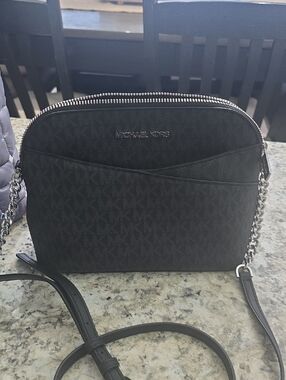 Michael Kors Black Logo-Print Crossbody with Silver Chain Trim